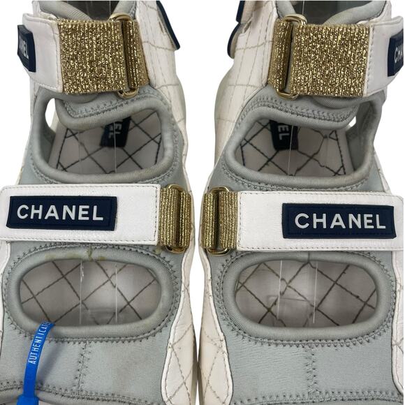Chanel Goatskin Fabric Quilted Gladiator Dad Sandals White Gray Size 41C - Picture 6 of 13